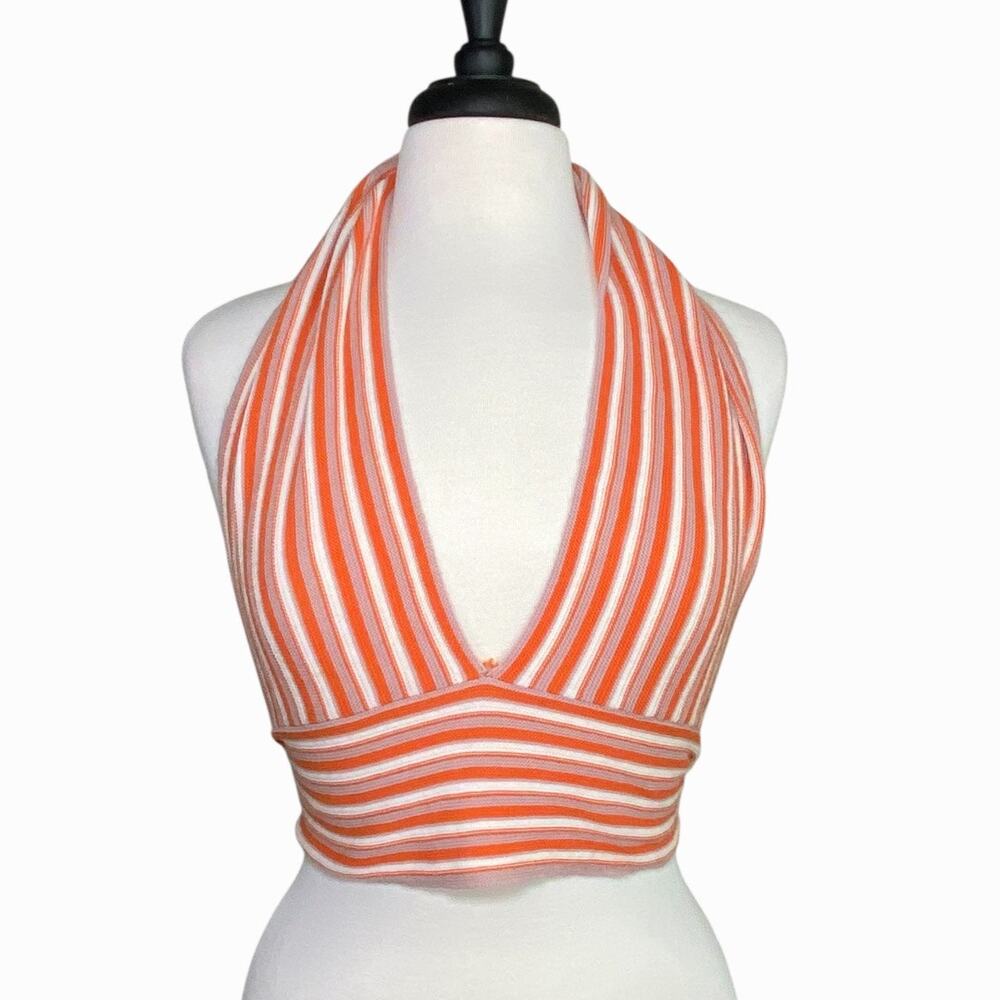 PrettyLittleThing Orange Striped Halter Crop Top Women’s Small